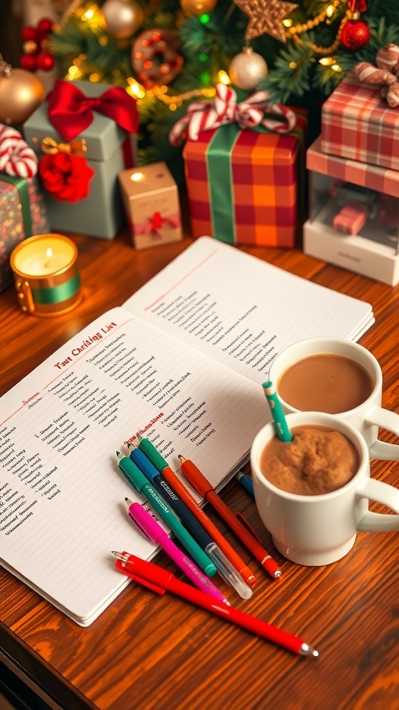 Christmas Gift List Organizer An organized Christmas gift list with a notebook, colorful pens, and festive decorations.